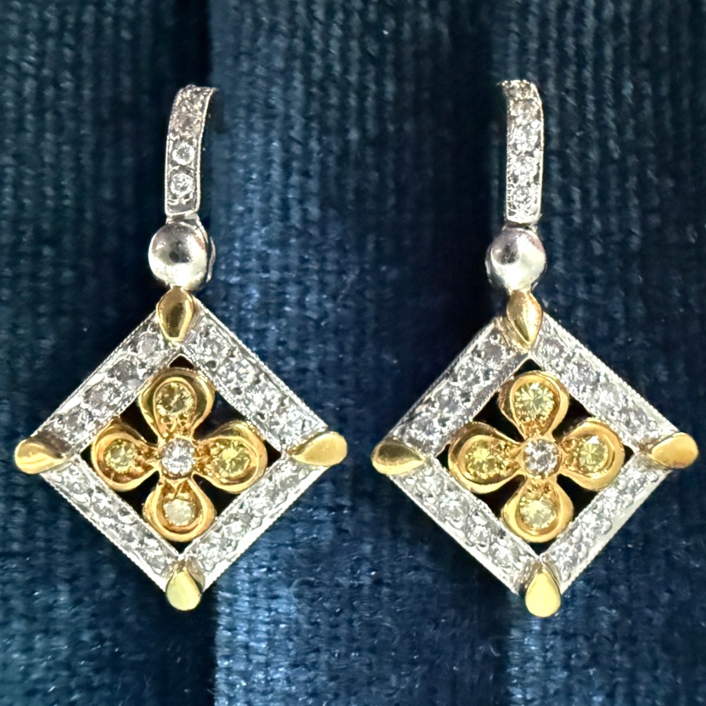 Designer Michael Beaudry Platinum 18k Yellow Gold Diamond Flower Drop Earrings